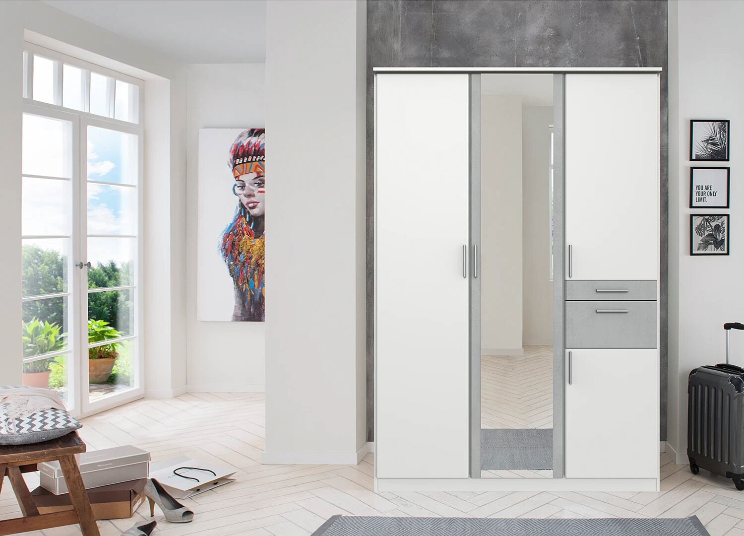 Armoire 4 portes avec miroir et tiroirs L 135 cm