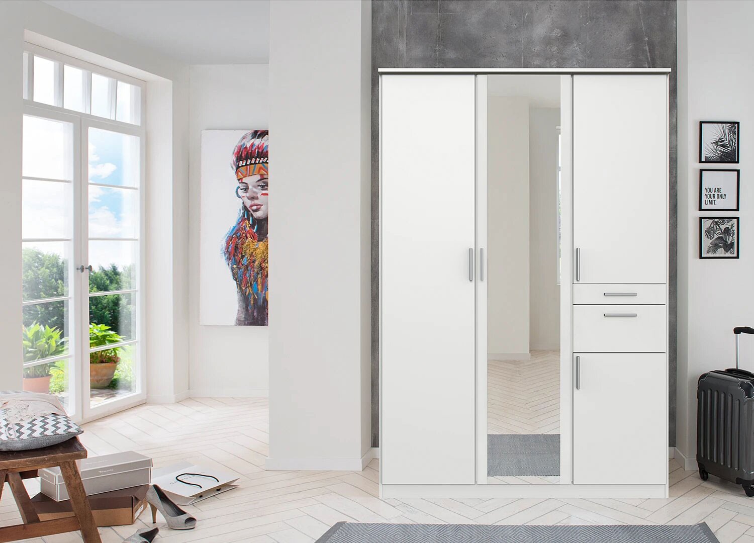 Armoire 4 portes avec miroir et tiroirs L 135 cm