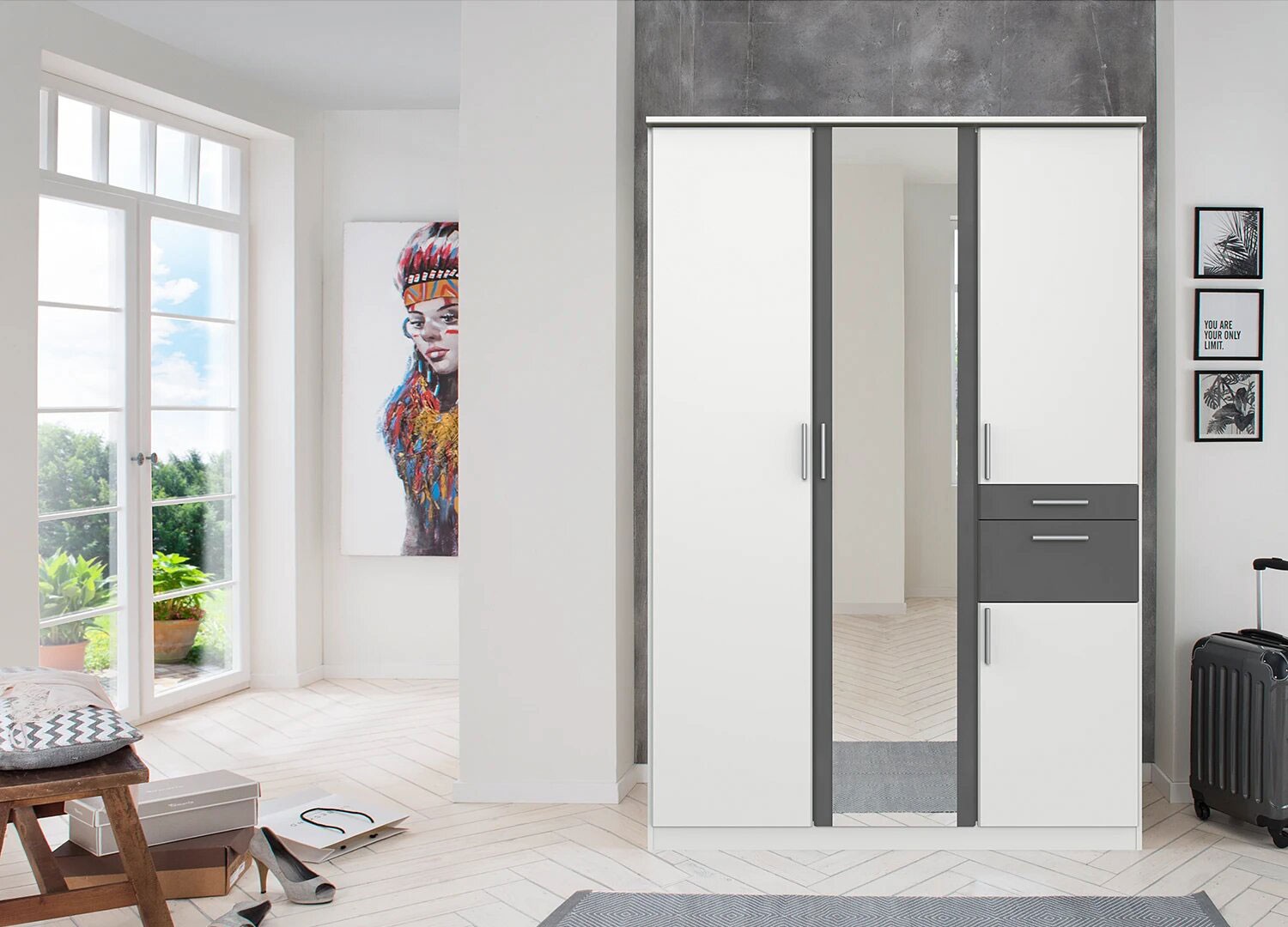 Armoire 4 portes avec miroir et tiroirs L 135 cm