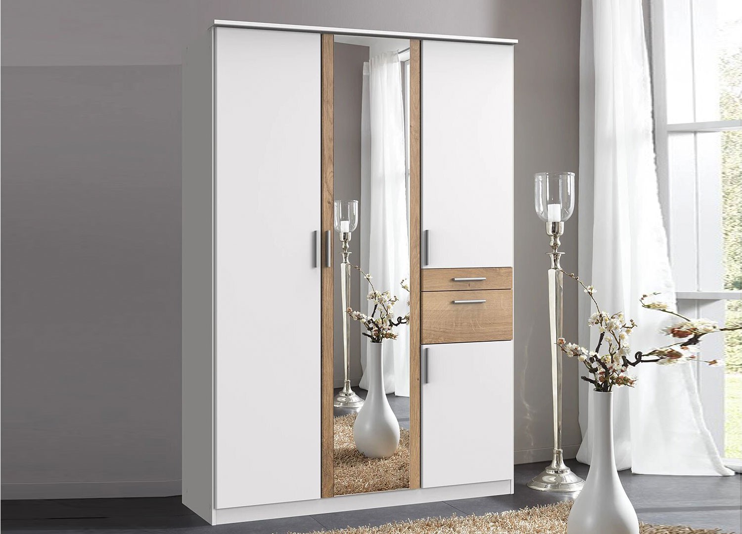 Armoire 4 portes avec miroir et tiroirs L 135 cm