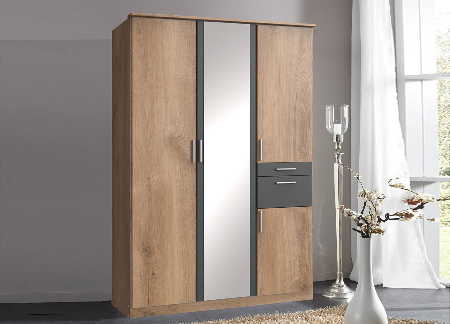 Armoire 4 portes avec miroir et tiroirs L 135 cm