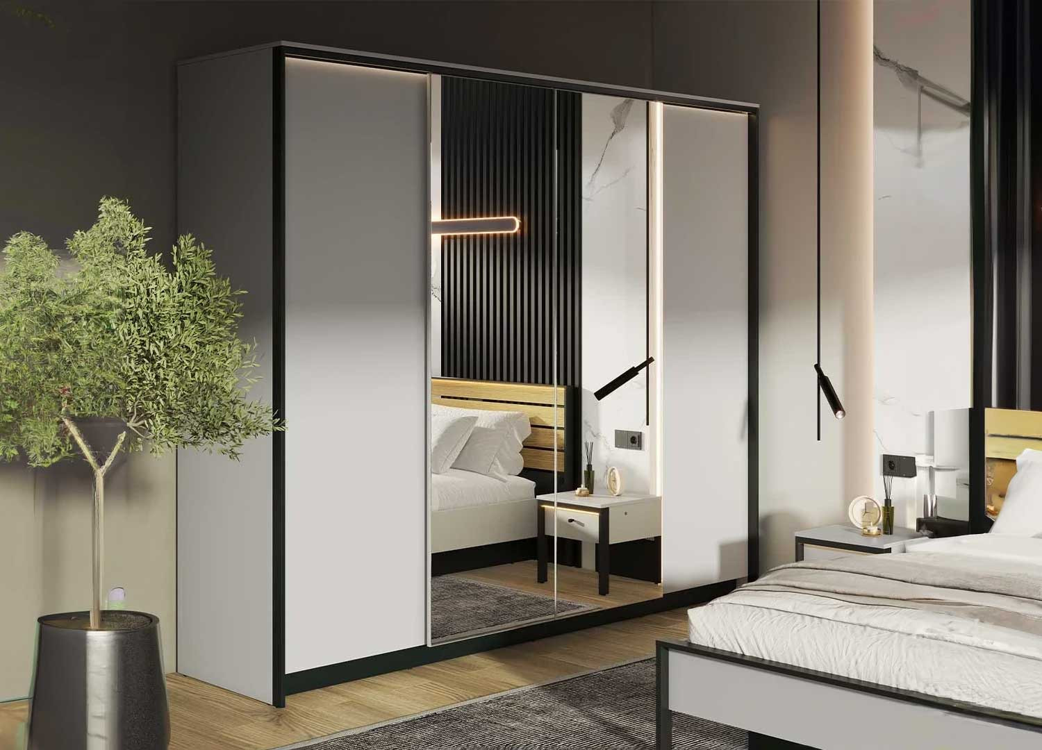 Armoire 4 portes avec miroir grise et noir à led