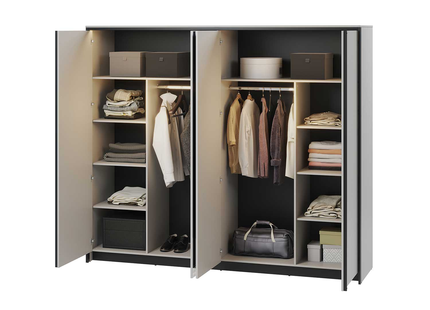 Armoire 4 portes avec miroir grise et noir à led