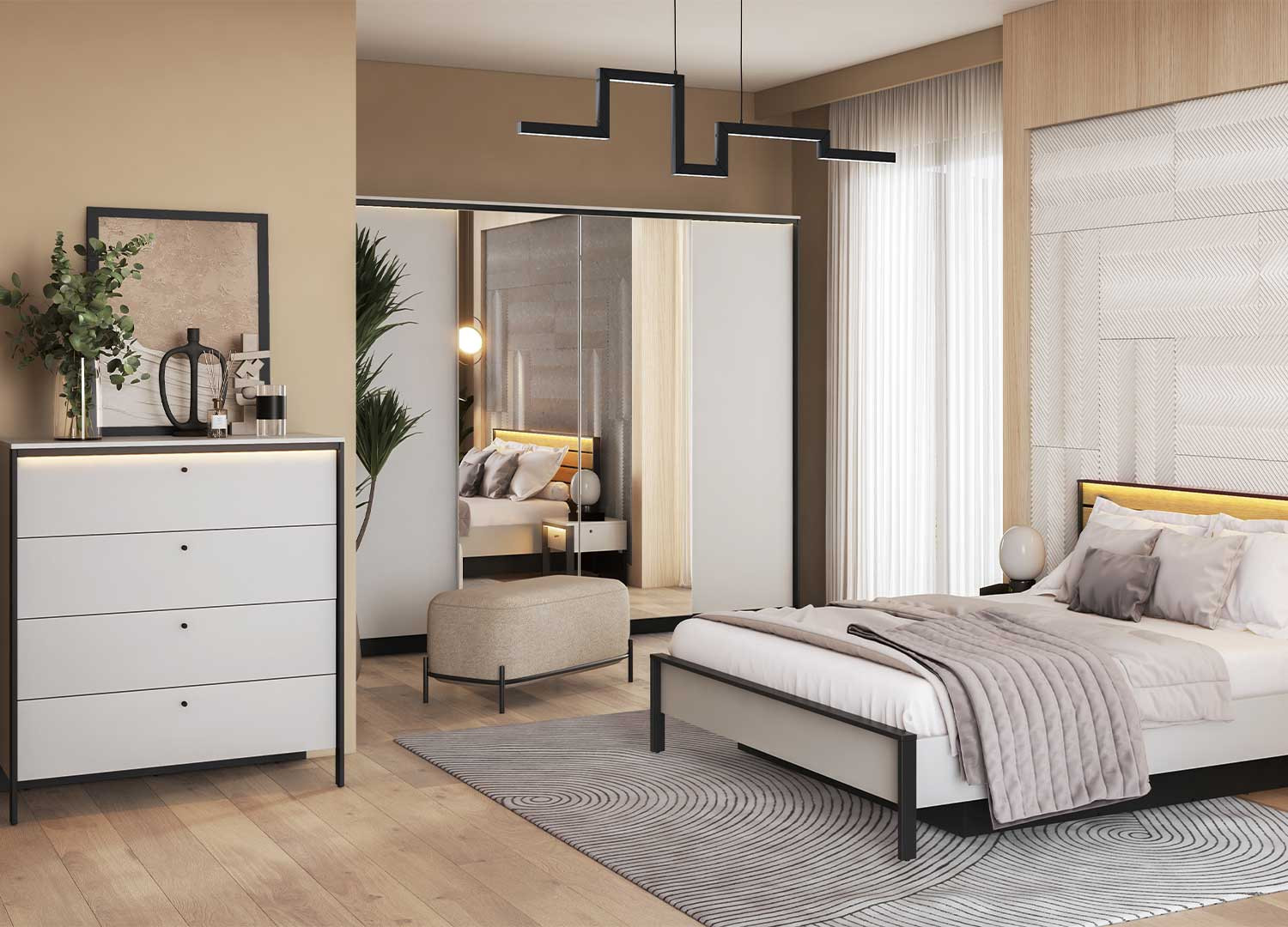Armoire 4 portes avec miroir grise et noir à led
