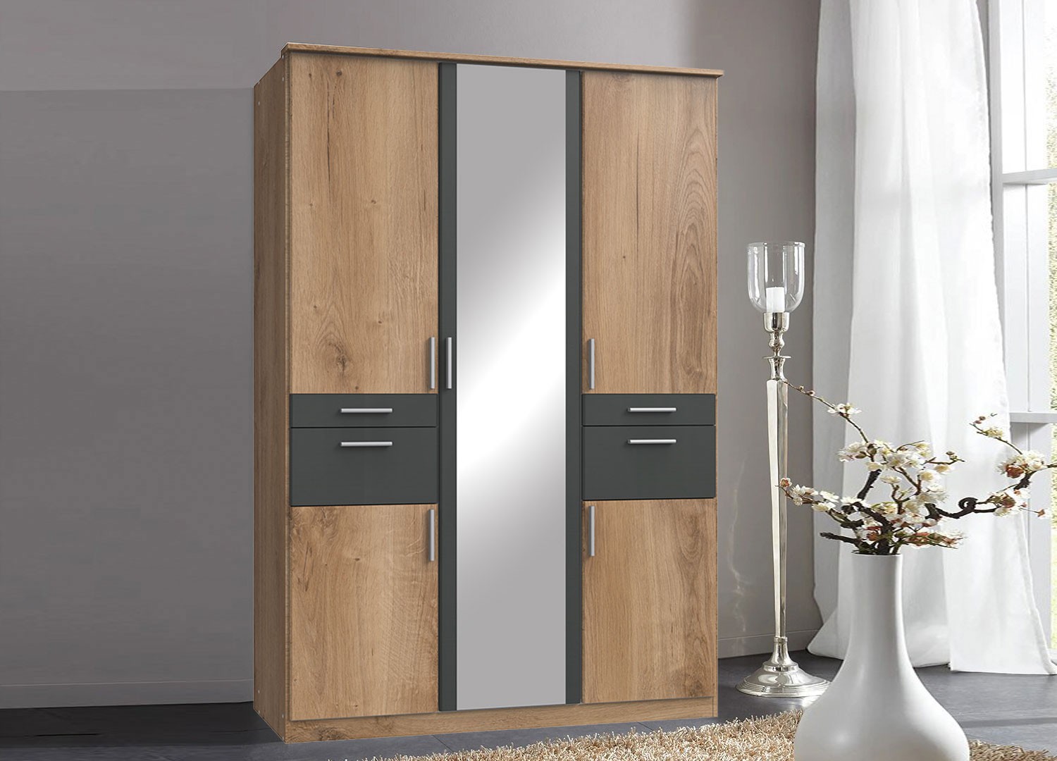 Armoire 5 portes avec miroir et 4 tiroirs L 135 cm