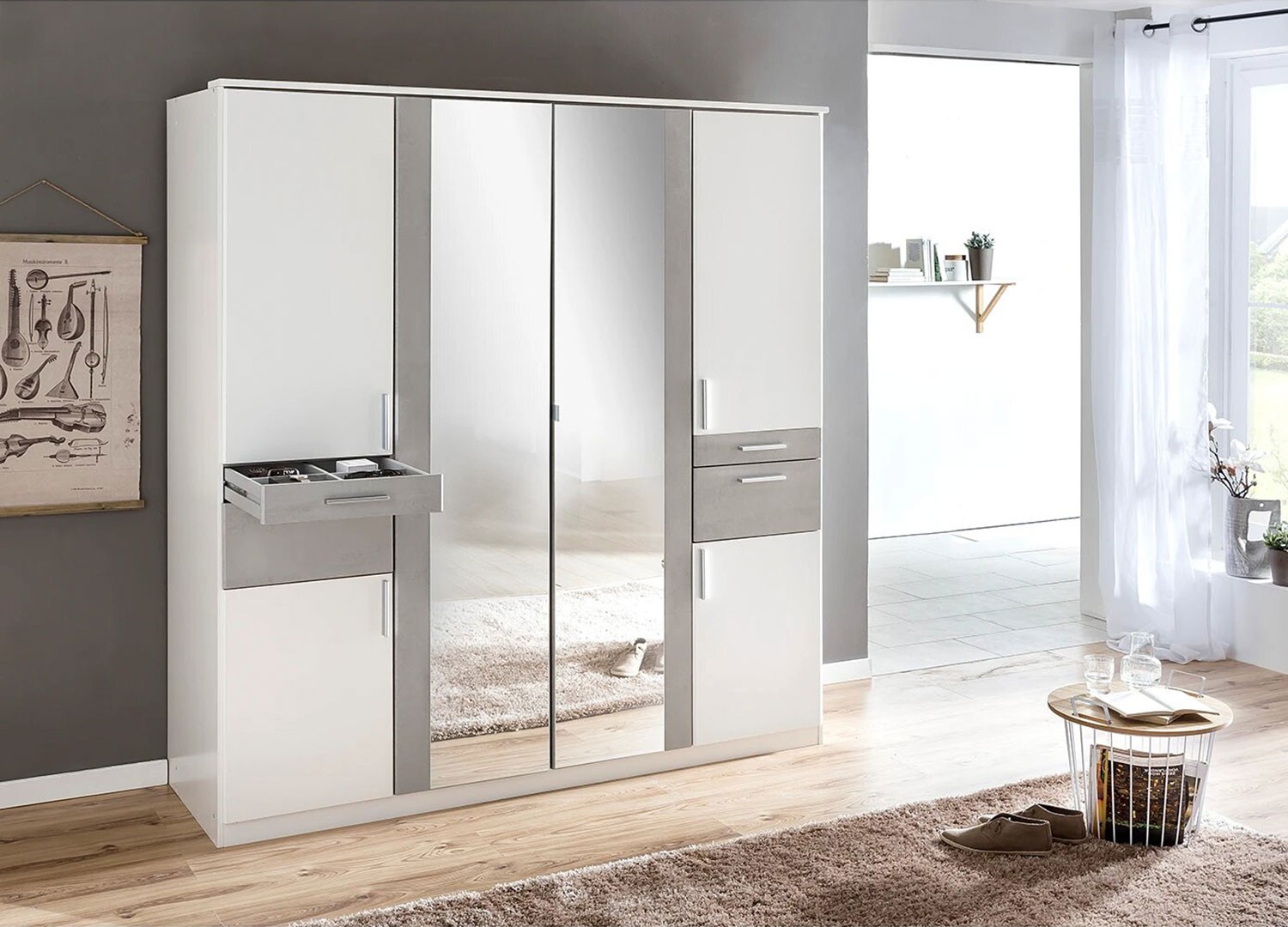 Armoire 6 portes avec 2 miroirs et 4 tiroirs L 179 cm