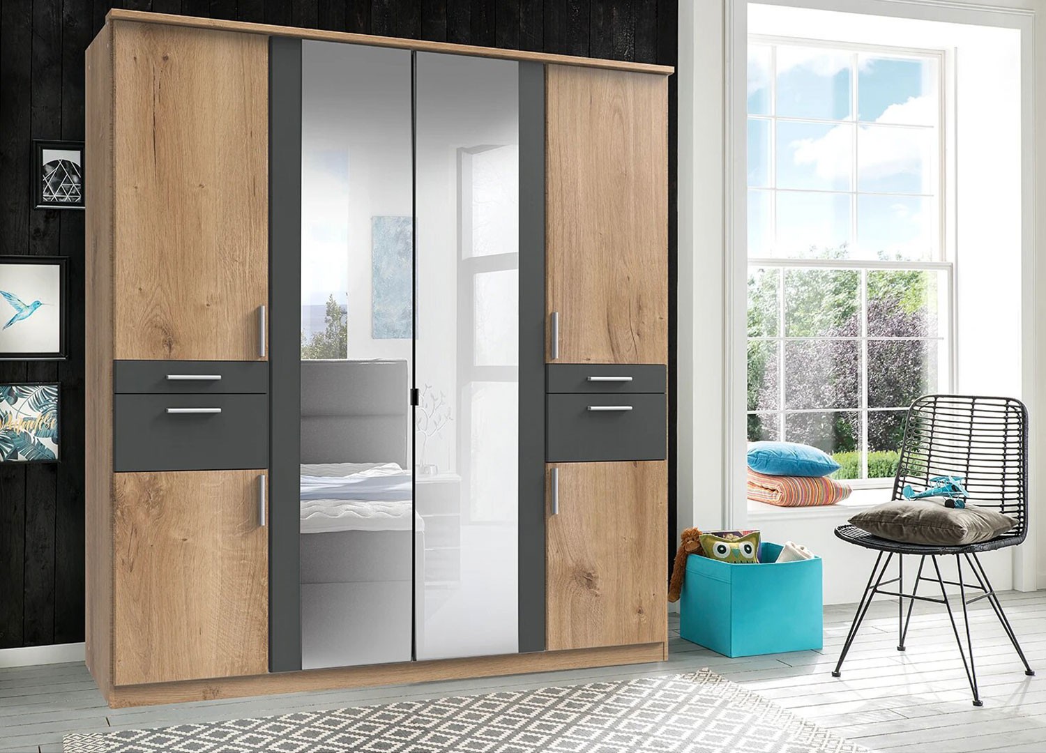 Armoire 6 portes avec 2 miroirs et 4 tiroirs L 179 cm