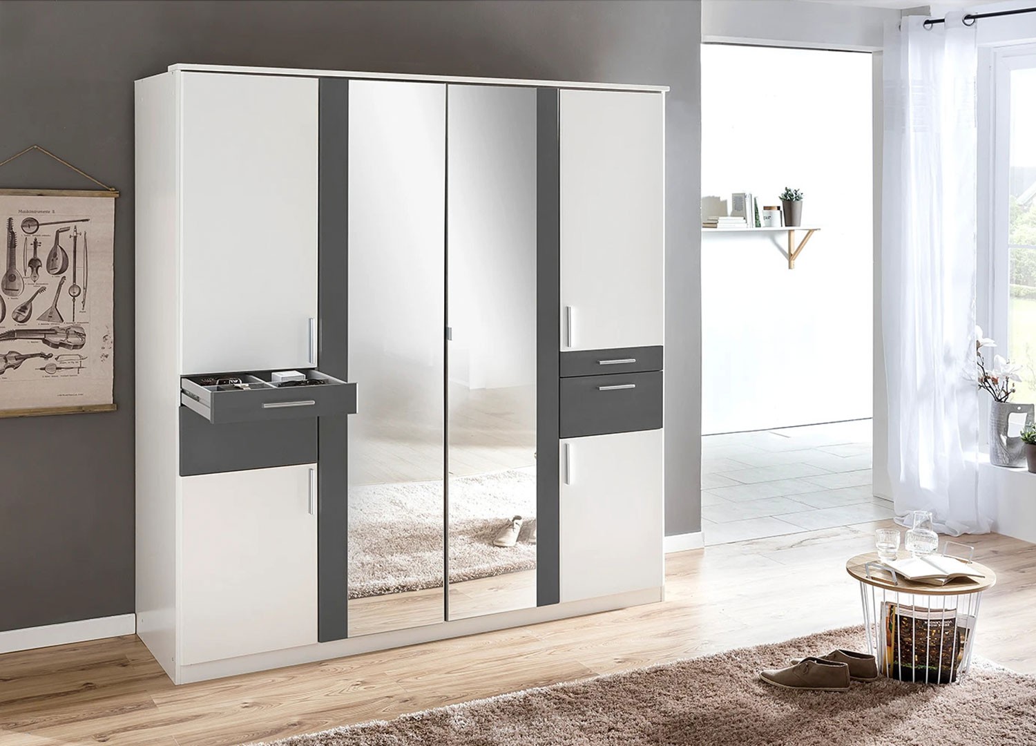Armoire 6 portes avec 2 miroirs et 4 tiroirs L 179 cm