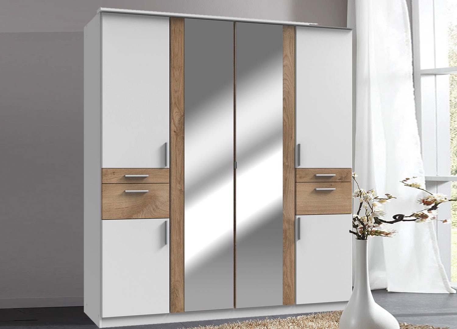 Armoire 6 portes avec 2 miroirs et 4 tiroirs L 179 cm