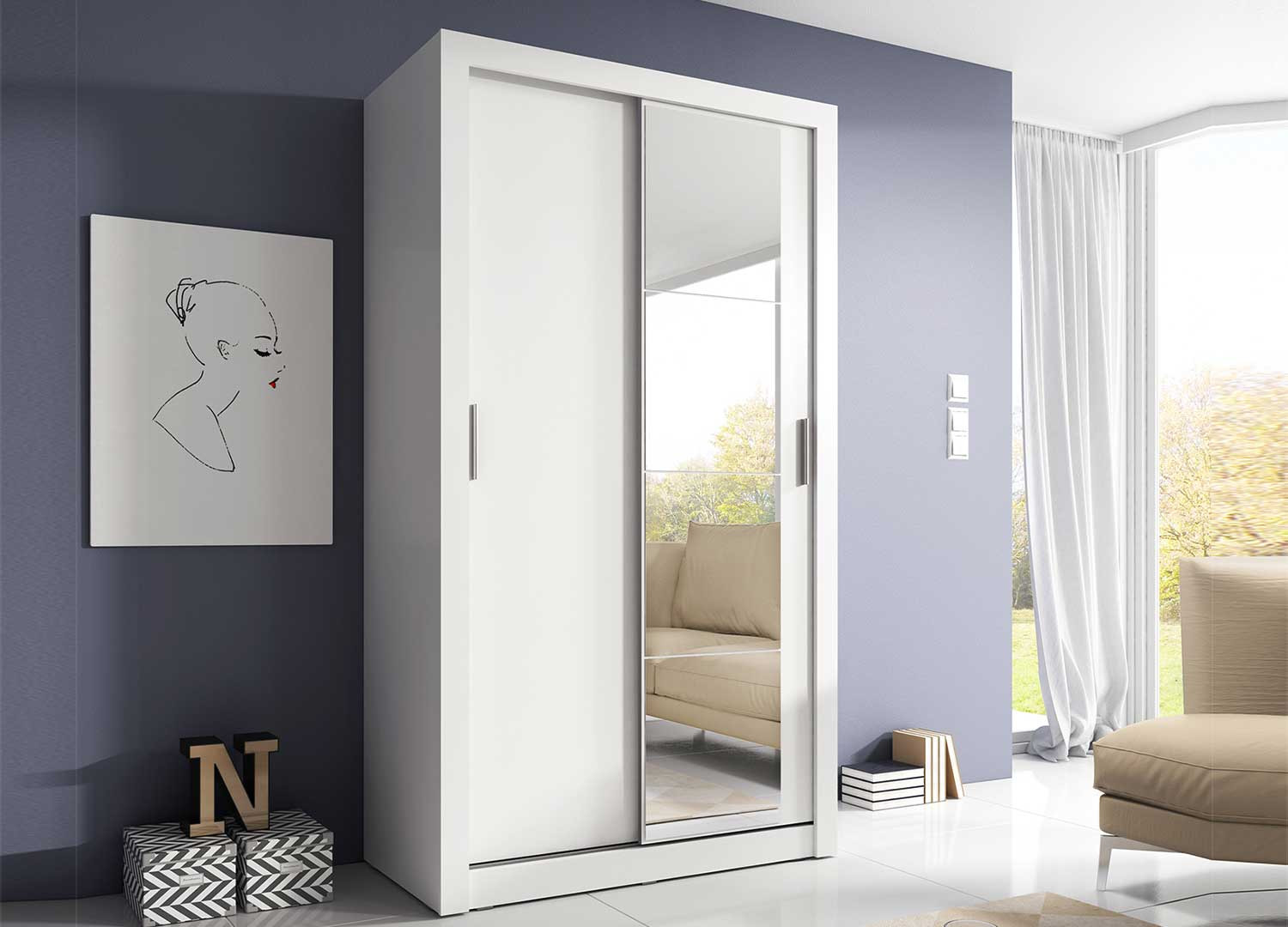 Armoire blanche 120 cm 2 portes coulissantes