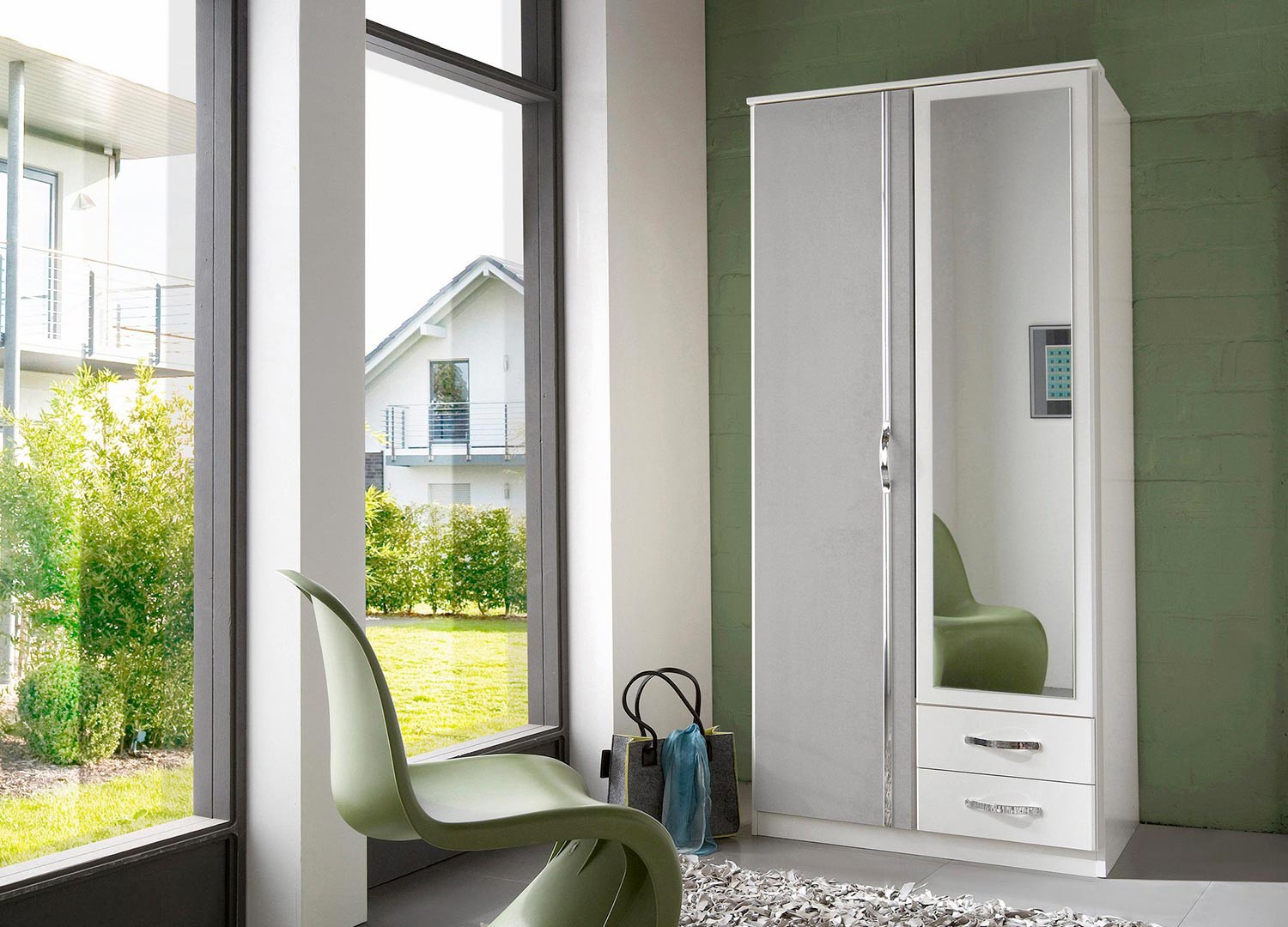 Armoire blanche et béton gris clair 2 portes et 2 tiroirs 90 cm