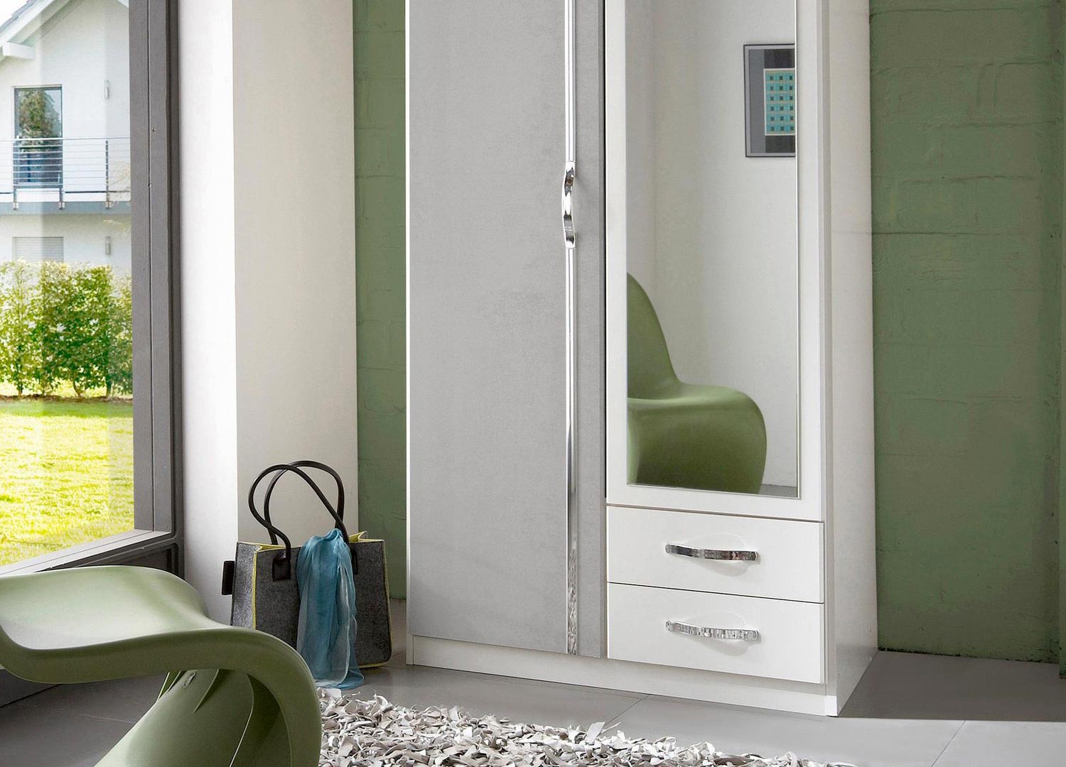 Armoire blanche et béton gris clair 2 portes et 2 tiroirs 90 cm