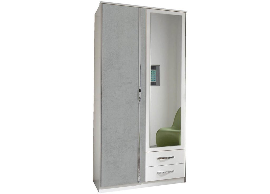Armoire blanche et béton gris clair 2 portes et 2 tiroirs 90 cm