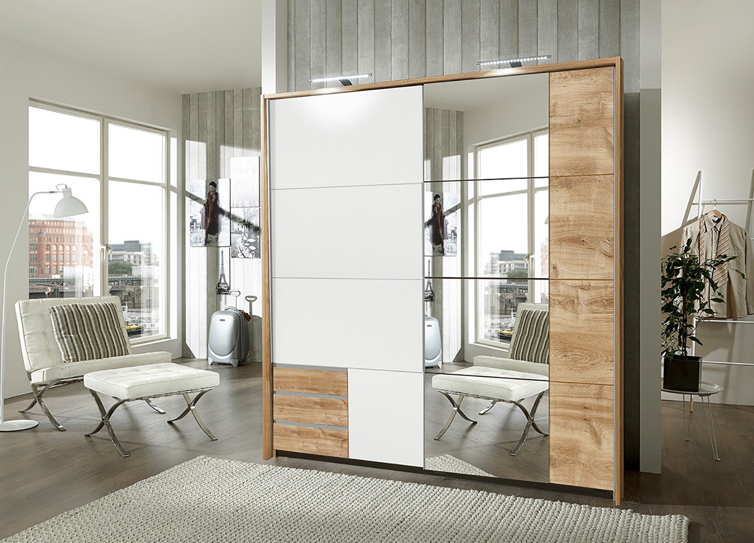 Armoire blanche et chêne avec miroir 2 portes coulissantes