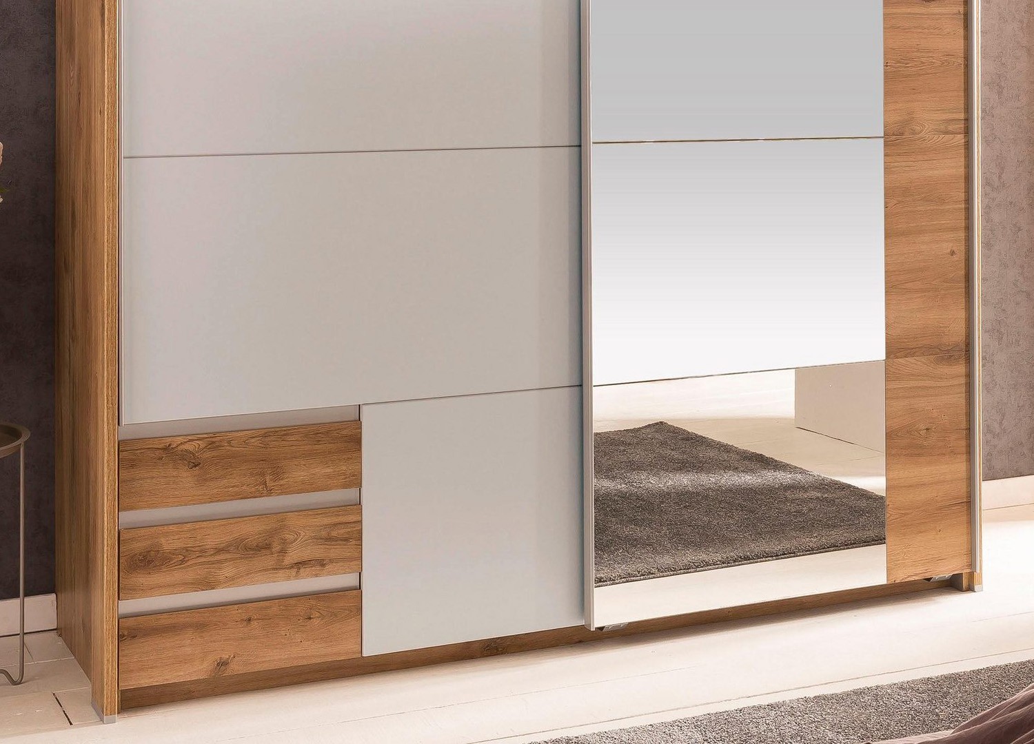 Armoire blanche et chêne avec miroir 2 portes coulissantes