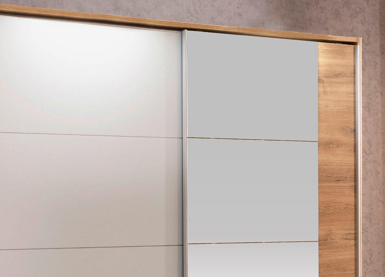 Armoire blanche et chêne avec miroir 2 portes coulissantes