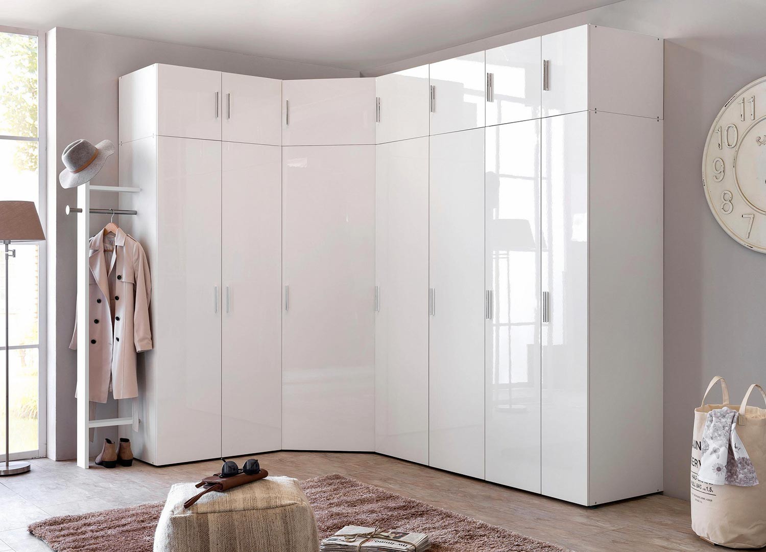Armoire d'angle dressing blanc brillant design