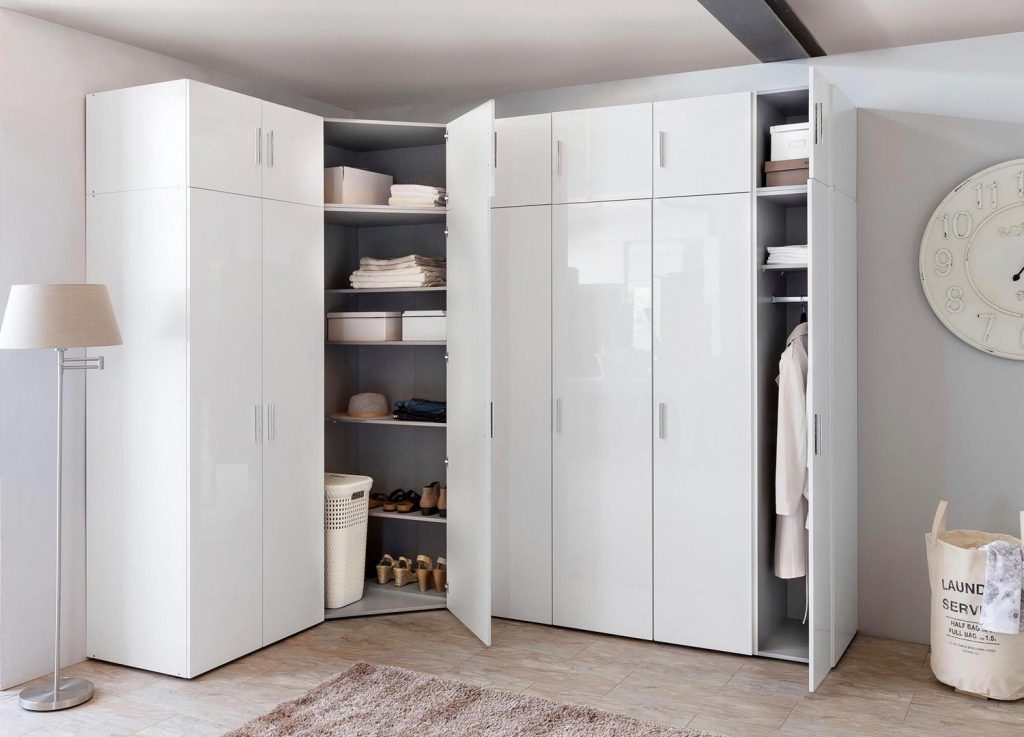 Armoire d'angle dressing blanc brillant design