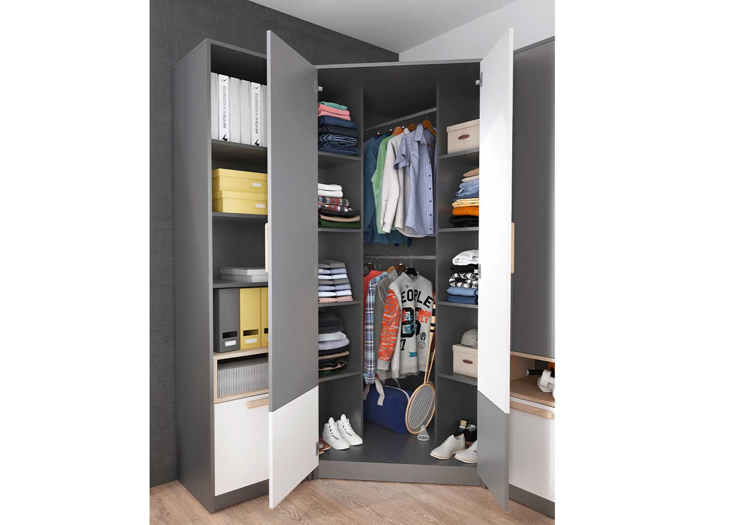 Armoire d'angle moderne grise et blanche