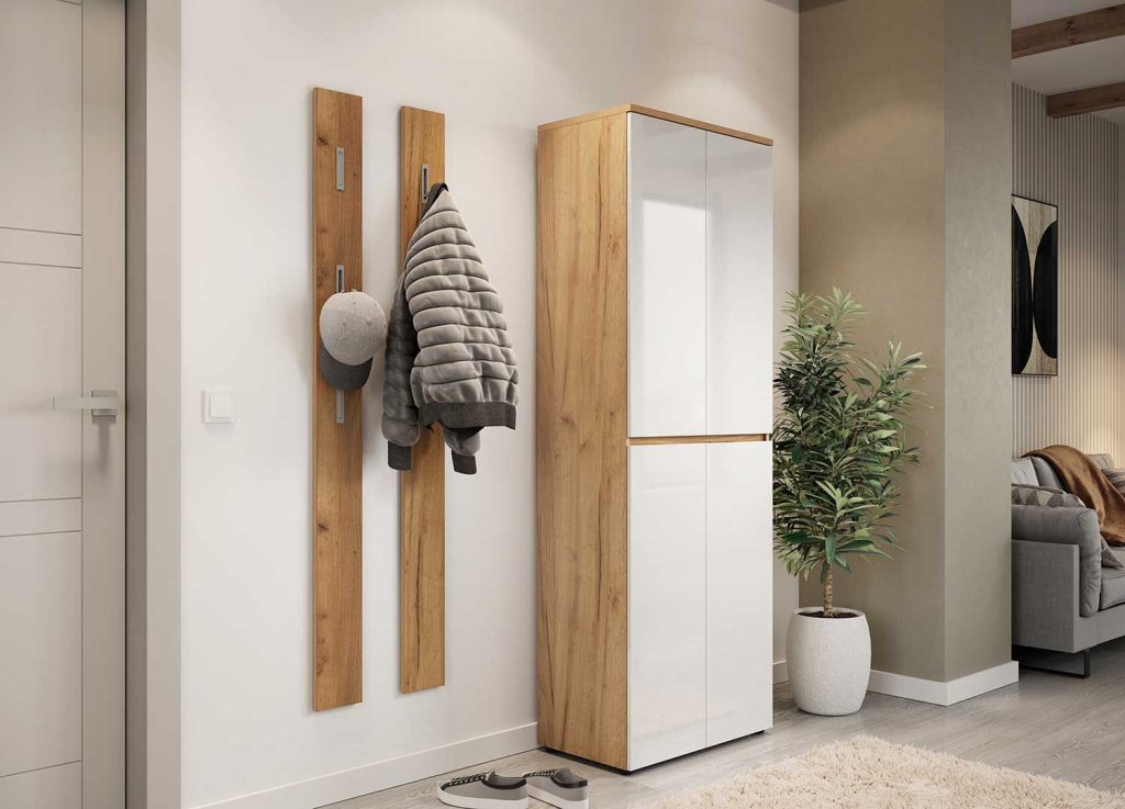Armoire de rangement blanc laqué et chêne navarra 4 portes