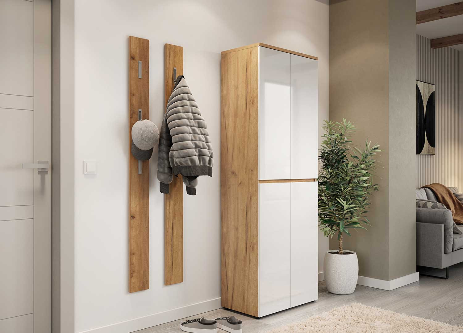 Armoire de rangement blanc laqué et chêne navarra 4 portes