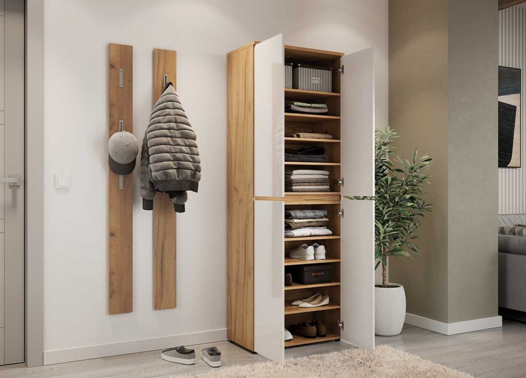 Armoire de rangement blanc laqué et chêne navarra 4 portes