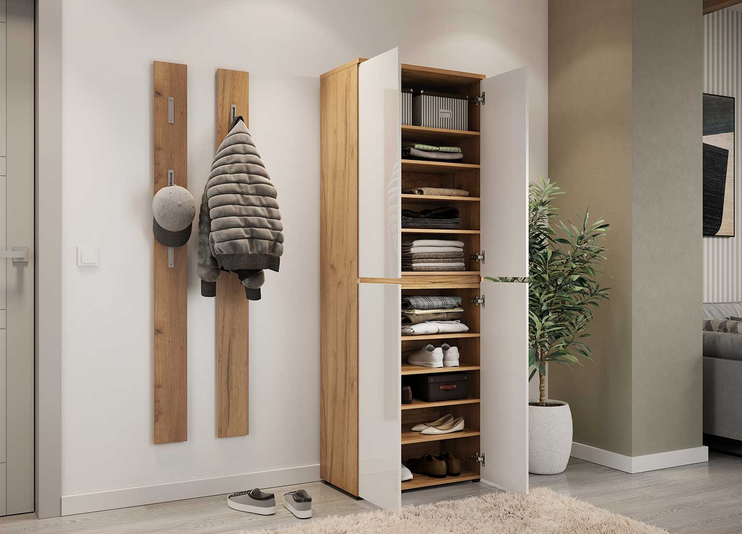 Armoire de rangement blanc laqué et chêne navarra 4 portes