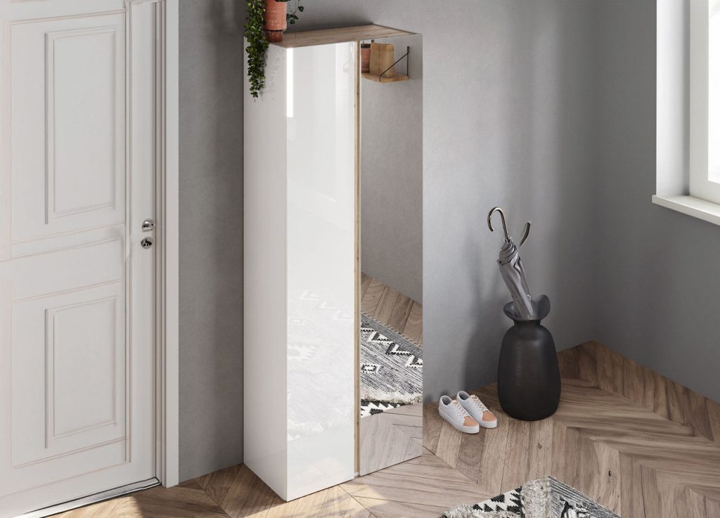 Armoire d'entrée 2 portes et 1 miroir blanc laqué et chêne