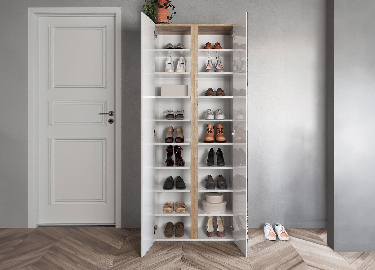 Armoire d'entrée 2 portes et 1 miroir blanc laqué et chêne