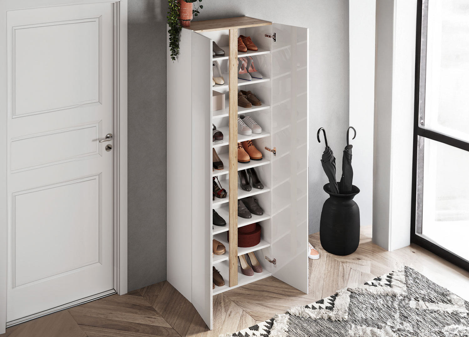 Armoire d'entrée 2 portes et 1 miroir blanc laqué et chêne
