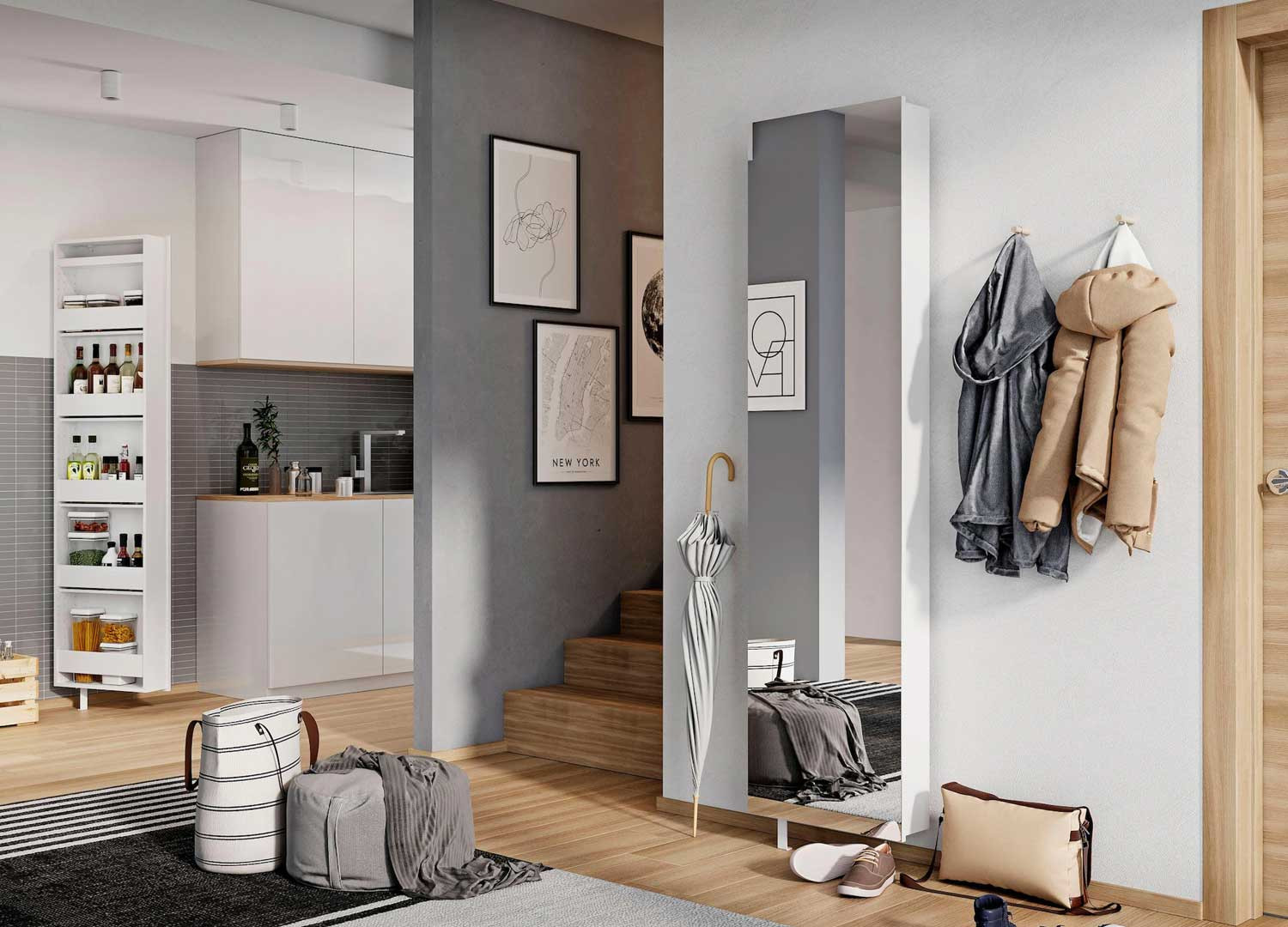 Armoire d'entrée amovible blanche avec miroir