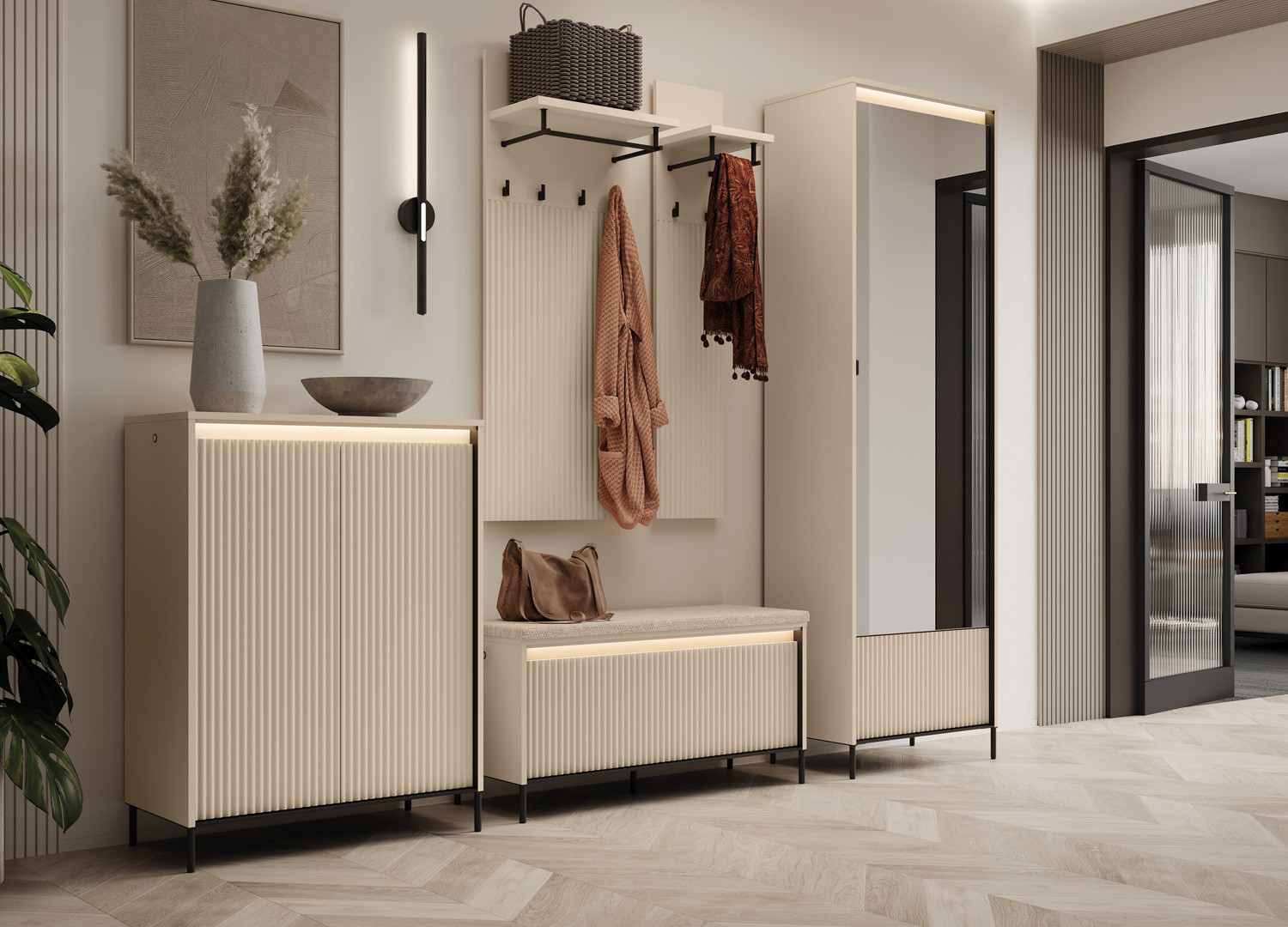 Armoire d'entrée avec miroir beige et noir Trend