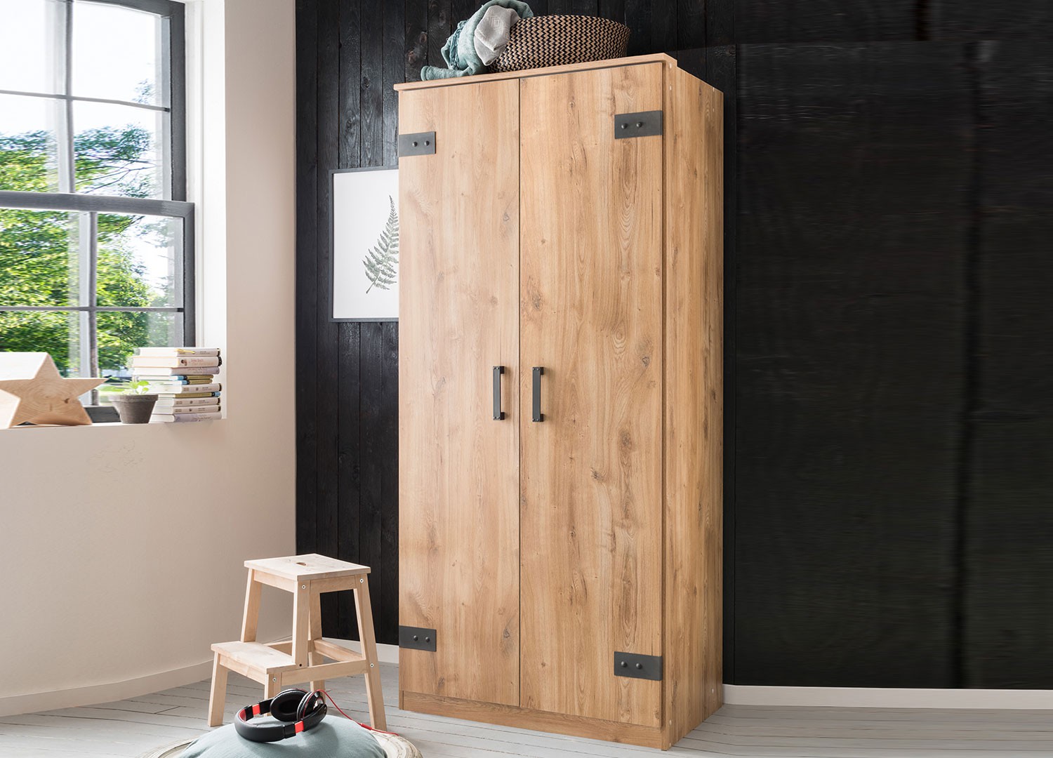 Armoire dressing 2 portes coloris chêne et graphite