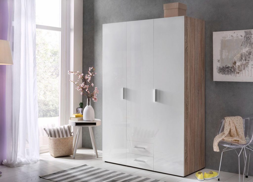 Armoire dressing 3 portes blanc brillant et décor chêne