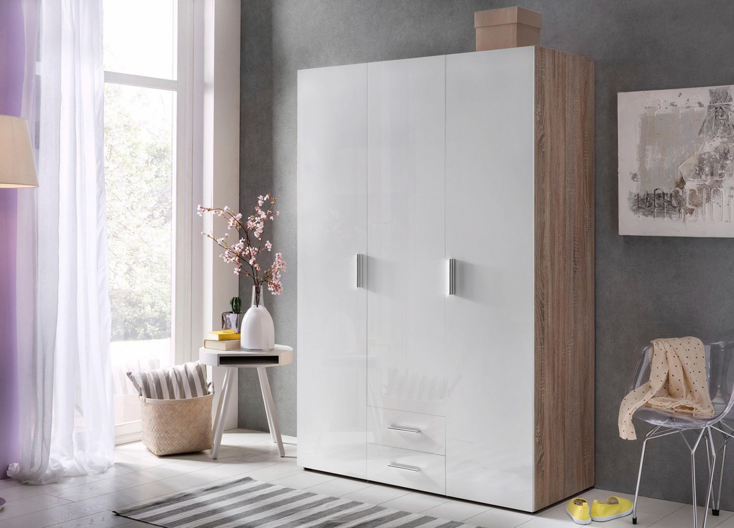 Armoire dressing 3 portes blanc brillant et décor chêne