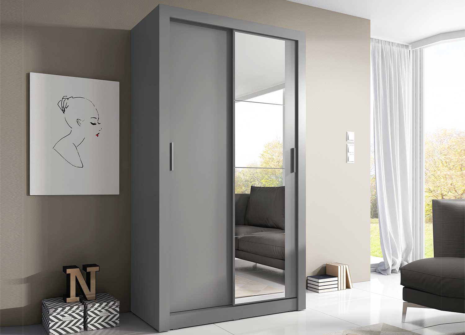 Armoire grise 120 cm 2 portes coulissantes