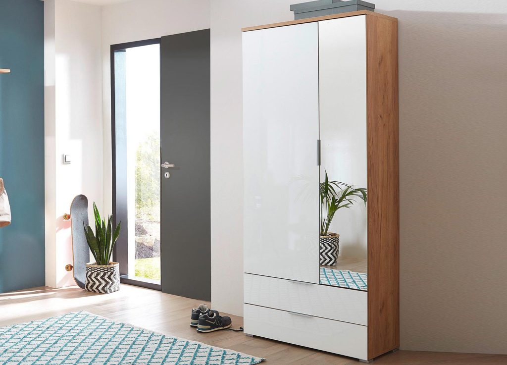 Armoire rangement entrée bois et verre blanc avec miroir