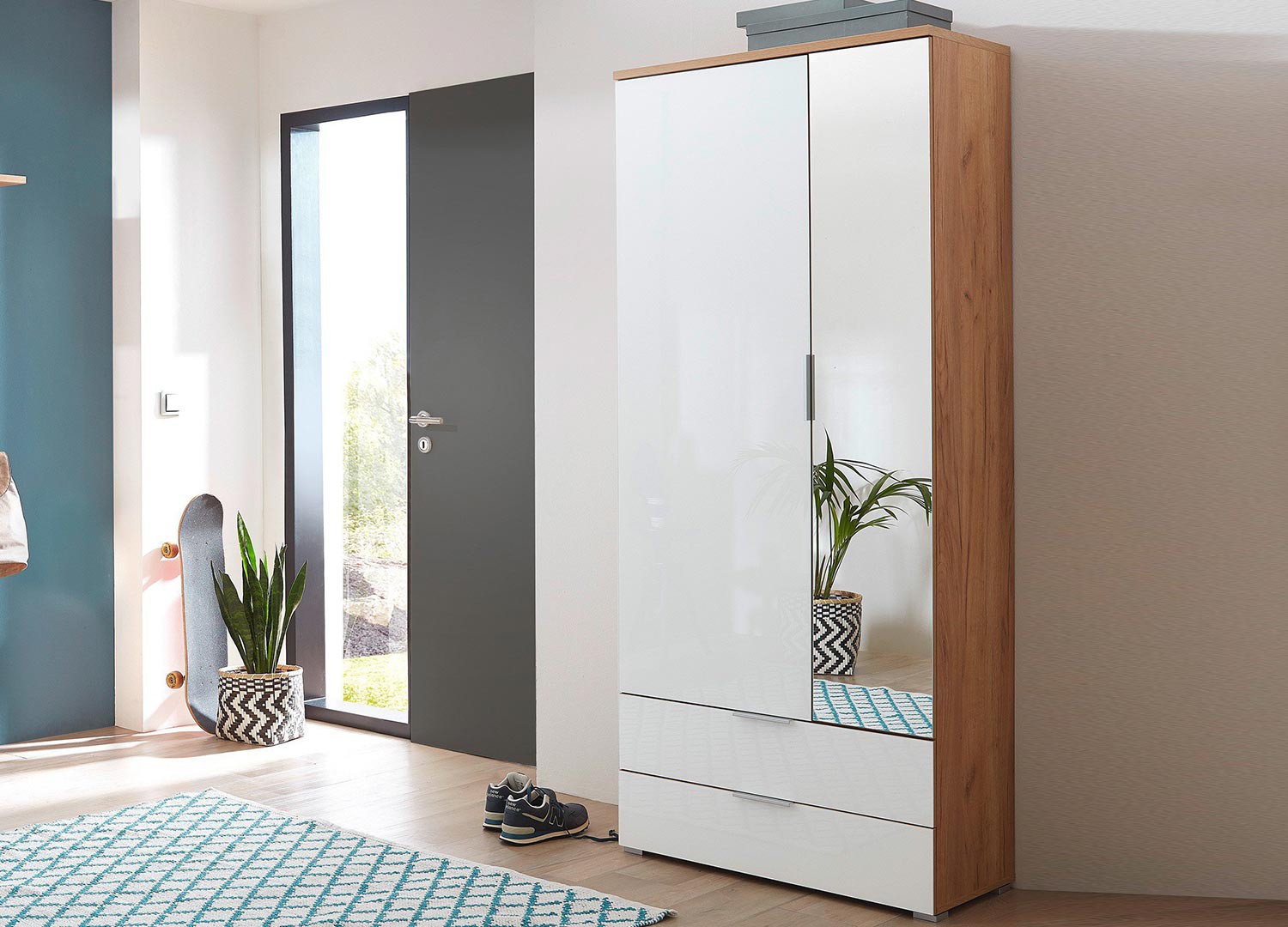 Armoire rangement entrée bois et verre blanc