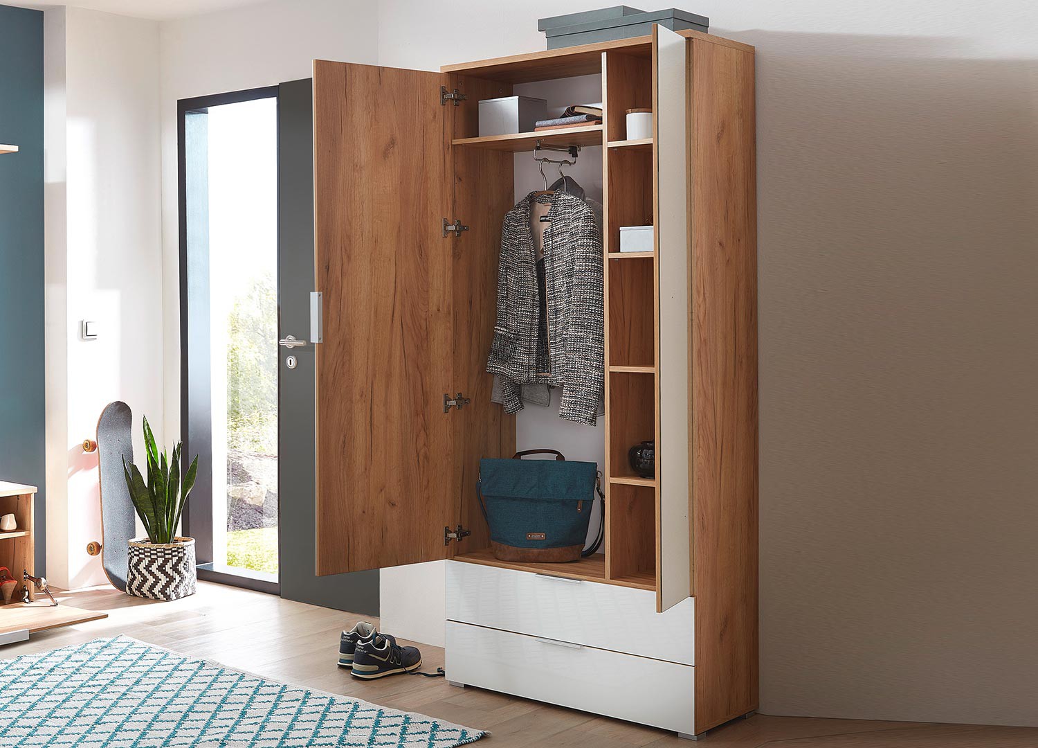 Armoire rangement entrée bois et verre blanc