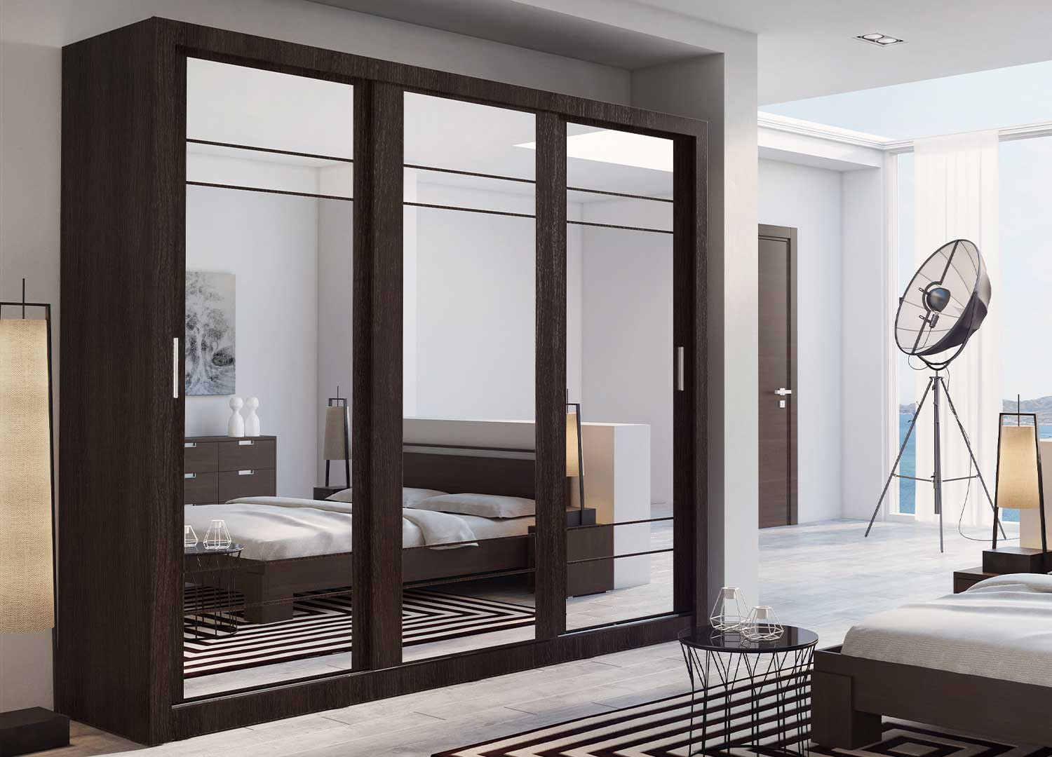 Armoire wengé avec miroirs de 3 portes coulissantes