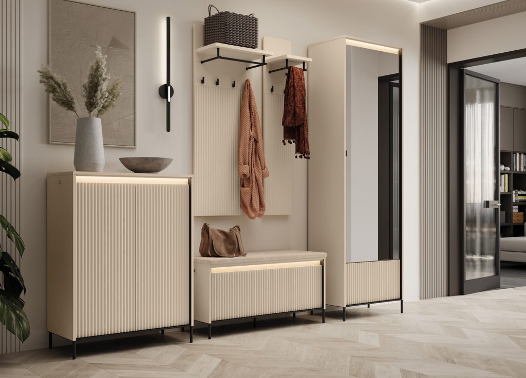 Banc chaussures à LED beige et métal noir Trend