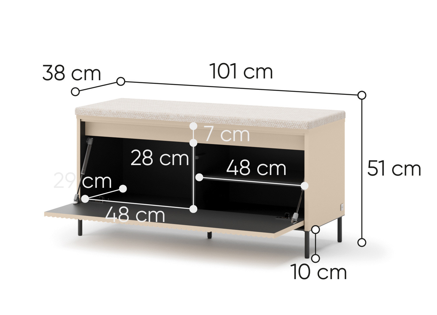 Banc chaussures à LED beige et métal noir Trend