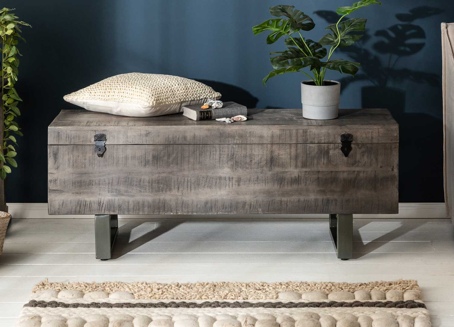 Banc coffre de rangement bois de manguier gris
