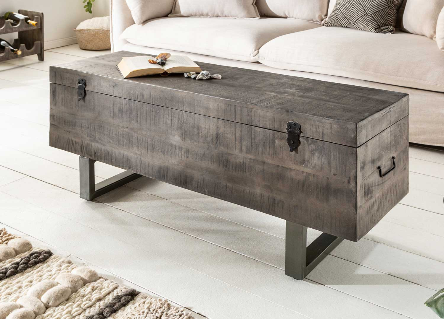 Banc coffre de rangement bois de manguier gris