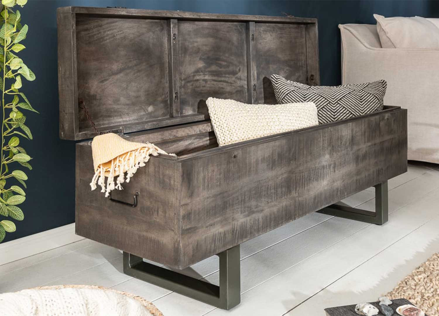 Banc coffre de rangement bois de manguier gris