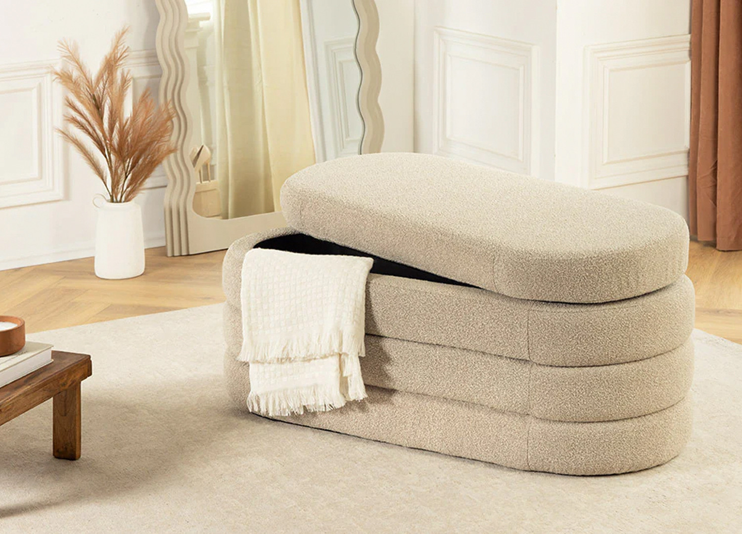 Banc coffre de rangement en tissu bouclé taupe Hope