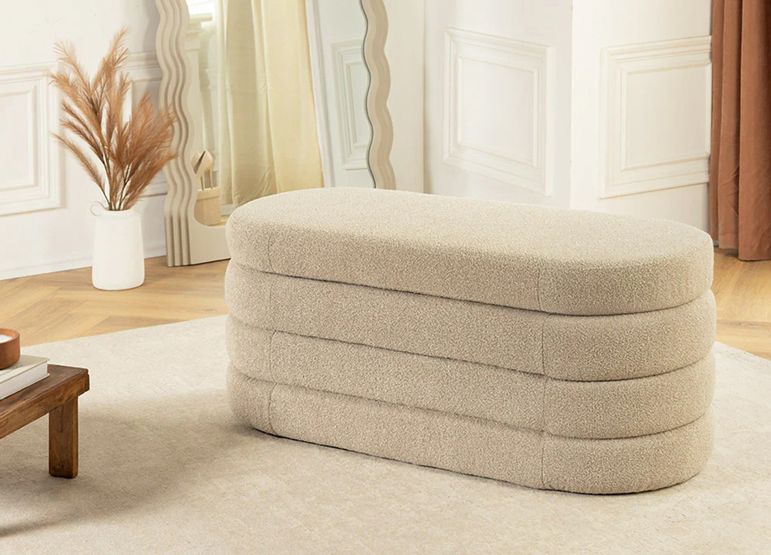 Banc coffre de rangement en tissu bouclé taupe Hope