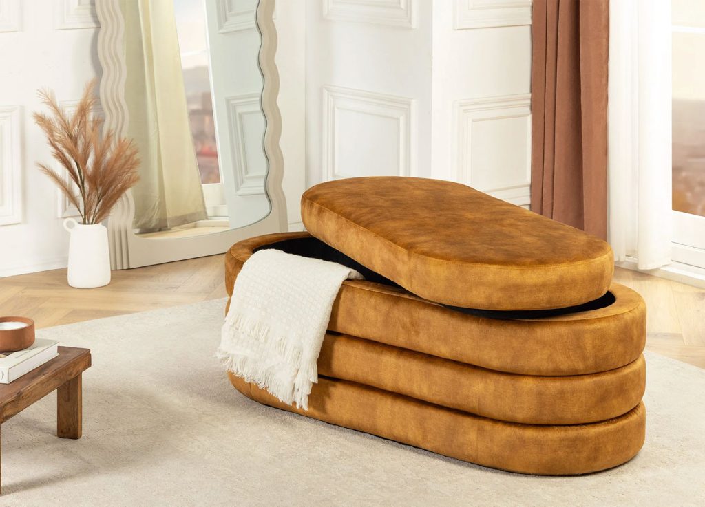 Banc coffre rangement velours jaune moutarde Hope