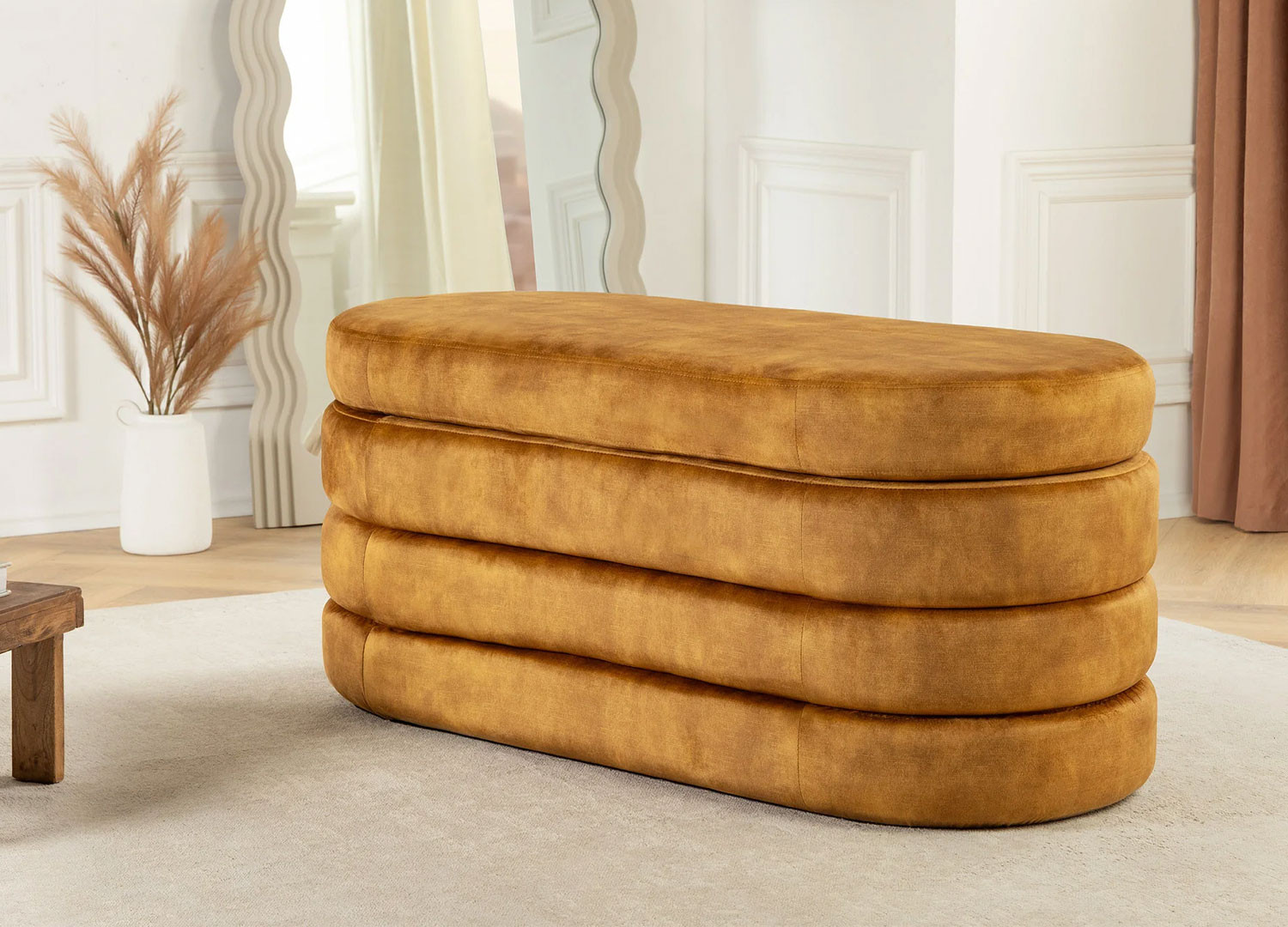 Banc coffre rangement velours jaune moutarde Hope