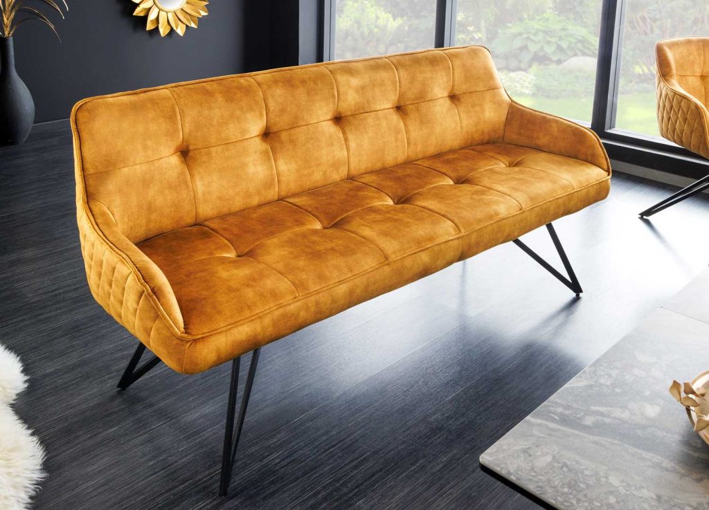 Banc de table en velours jaune moutarde